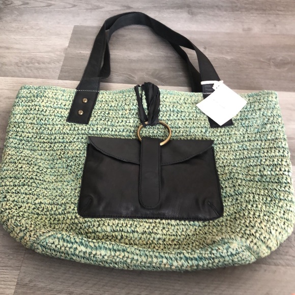 Free People Green En Riva Raffia Tote Black Leather Accents NWT - Picture 13 of 16